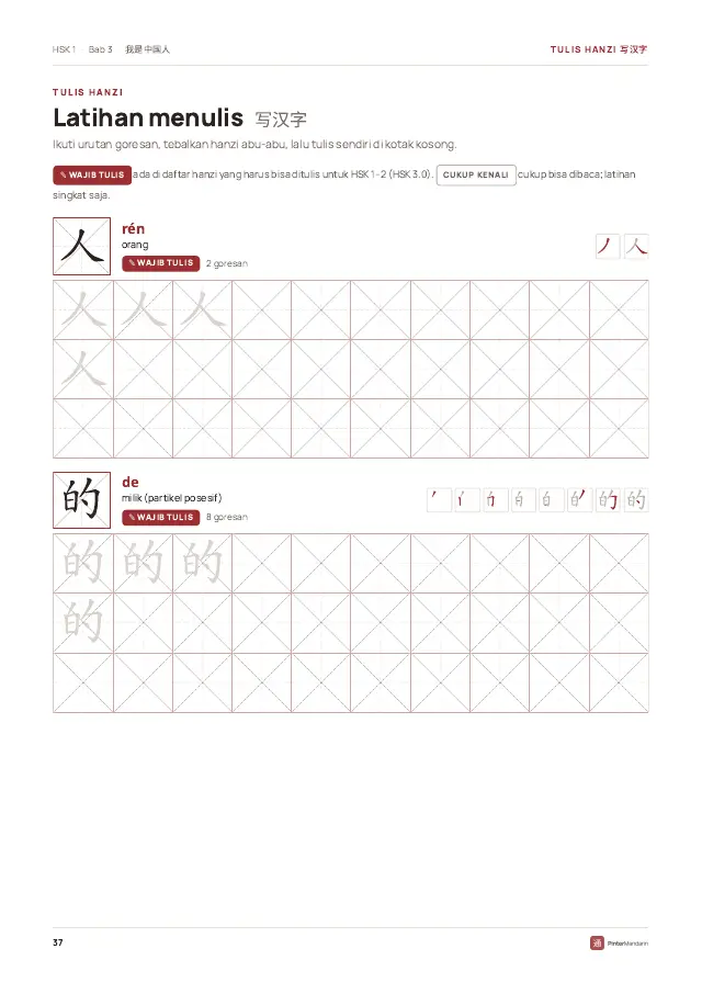 Lembar tulis 田字格 untuk hanzi 人 dan 的, dengan urutan goresan